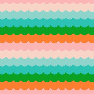 May include: A colorful, repeating pattern of scalloped lines in shades of pink, teal, green, and orange. The design is a seamless, horizontal stripe pattern, creating a vibrant and playful aesthetic. The alternating colors create a visually appealing design.