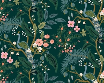Rifle Paper Co Vintage Garden Peacock in Hunter Green Metallic RP1000-HU1M - Sold in Half Yard Increments, Cut in One Continuous Piece