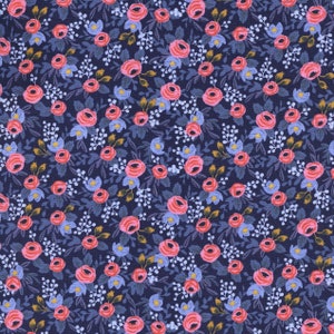 Les Fleurs by Rifle Paper Co for Cotton and Steel Rosa Print in Navy - Fabric Sold by Half Yard Increments, Cut Continuously