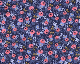 Les Fleurs by Rifle Paper Co for Cotton and Steel Rosa Print in Navy - Fabric Sold by Half Yard Increments, Cut Continuously