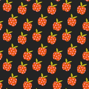 May include: A repeating pattern of stylized red apples with pink dots and green leaves on a black background. The apples are evenly spaced, creating a vibrant and playful design, suitable for fabric or wallpaper.