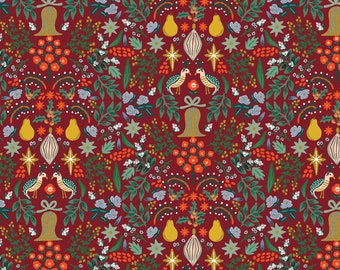 Holiday Classics Partridge in Berry Metallic by Rifle Paper Co - Cotton Christmas Fabric Sold by Half Yard Increments, Cut Continuously