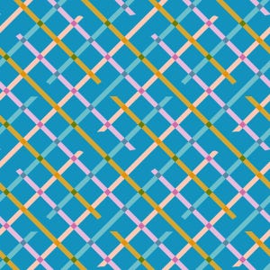 May include: A seamless pattern featuring a grid of intersecting lines in various colors. Diagonal lines in gold, light blue, and pink intersect with vertical and horizontal lines in teal, pink, and green, all set against a teal background.