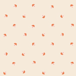 May include: A seamless pattern featuring a repeating design of orange mushrooms with white polka dots and pink stems on a light beige background.