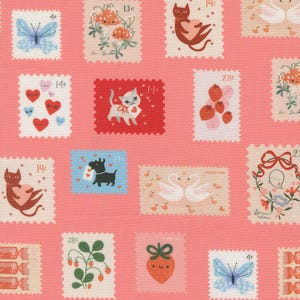 May include: A repeating pattern of postage stamp designs on a pink background. The stamps feature illustrations of cats, butterflies, strawberries, hearts, mushrooms, swans, and a dog. Some stamps have a price value.