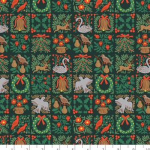 May include: A dark green fabric with a repeating pattern of Christmas-themed illustrations. The pattern includes wreaths, birds, deer, swans, bells, and other festive imagery.