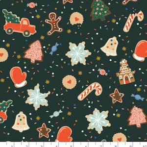 May include: A dark green fabric with a repeating pattern of Christmas cookies. The cookies include gingerbread men, candy canes, snowflakes, Christmas trees, bells, and stars. There are also red and white sprinkles scattered throughout the pattern.