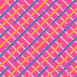 May include: A vibrant, abstract pattern featuring a repeating grid of diagonal lines in various colors. The design includes bright pink, blue, yellow, and light pink lines, creating a dynamic and colorful visual effect. The overall aesthetic is modern and playful.