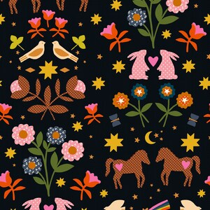 May include: A repeating pattern on a dark background featuring horses, rabbits, birds, flowers, stars, moons, and rainbows. The horses have polka dots and hearts. The flowers are pink, orange, and blue. The overall design is whimsical and colorful.