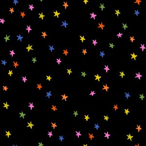 May include: A black background is covered with a pattern of colorful, hand-drawn stars. The stars are in shades of yellow, pink, orange, blue, and green. The stars are scattered across the image.