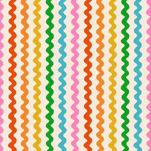 May include: A repeating pattern of vertical wavy lines in vibrant colors including orange, yellow, green, light blue, and pink, set against a solid off-white background. The lines are evenly spaced and run parallel from top to bottom.
