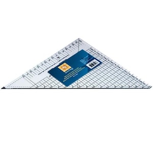 May include: A clear, triangular quilting ruler with black grid lines and measurement markings. A blue label with white text is adhered to the ruler. The ruler is designed for accurate fabric cutting and quilting projects.