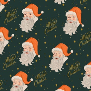 Holiday Classics 2 Santa in Evergreen Metallic by Rifle Paper - Fabric Sold by Half Yard Increments