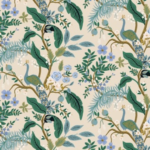 Rifle Paper Co Vintage Garden Peacock in Hunter Cream Metallic RP1000-CR2M - Sold in Half Yard Increments, Cut in One Continuous Piece