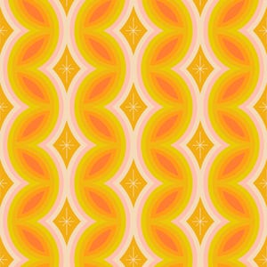 May include: A seamless pattern featuring a retro design with repeating geometric shapes in shades of orange, yellow, and pink. The pattern includes a series of curved lines and star-shaped elements.