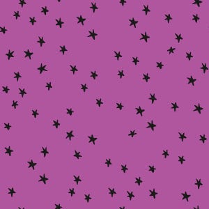 May include: A vibrant purple background is covered with a pattern of black, hand-drawn stars. The stars are scattered across the surface, creating a playful and whimsical design. This pattern is suitable for various applications, such as fabric or wallpaper.
