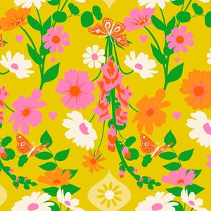 May include: A vibrant floral pattern featuring orange butterflies, pink and orange flowers, white daisies, and green leaves on a yellow background. The design includes small pink hearts and decorative shapes at the bottom, creating a cheerful, retro aesthetic.