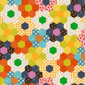 May include: A colorful patchwork pattern featuring hexagonal shapes arranged in a floral design. The pattern incorporates various fabrics with polka dots, floral prints, and checkered patterns in shades of orange, yellow, green, pink, and blue.
