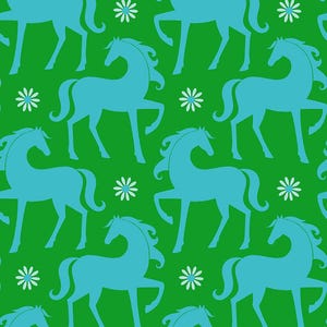 May include: A seamless pattern featuring blue horses and white daisies on a green background. The horses are stylized and have a whimsical feel.