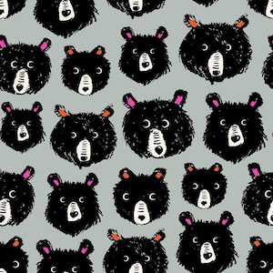 May include: A seamless pattern featuring black bear faces on a light gray background. The bears have pink noses and are drawn in a simple, cartoon style.