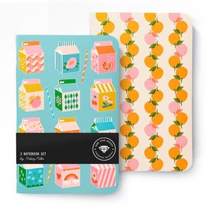 May include: A set of two notebooks with a blue and white milk carton pattern on one and a white and orange citrus fruit pattern on the other. The notebooks are labeled "2 Notebook Set by Melody Miller" and "Pure Star Society Guaranteed Essentials".