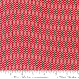 May include: Red fabric with a white polka dot pattern. The fabric is 44 inches wide and is perfect for quilting, crafts, and home decor projects.