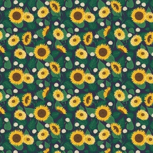 Curio Sunflower Fields in Navy by Rifle Paper Co - Fabric Sold by Half Yard Increments, Cut Continuously