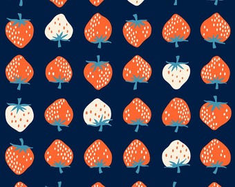In Stock!  Ruby Star Strawberry in Navy by Kimberly Kight RS3084 23 - Fabric Sold by Half Yard Increments, Cut Continuously