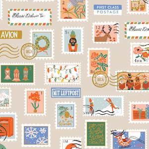 CANVAS Holiday Classics 2 Holiday Stamps in Cream Metallic by Rifle Paper - Fabric Sold by Half Yard Increments