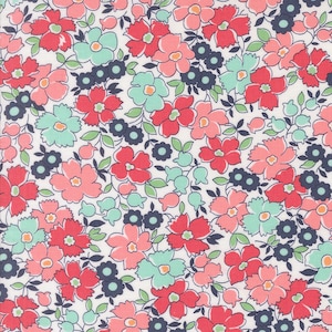 May include: A white background with a repeating pattern of pink, red, and teal flowers. The flowers are outlined in black and have a white center. There are also small black dots scattered throughout the pattern.