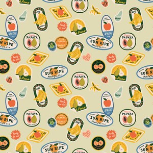 Rifle Paper Orchard Fruit Stickers in Khaki RP1201 KH1 - Cotton Fabric Sold by Half Yard Increments, Cut Continuously