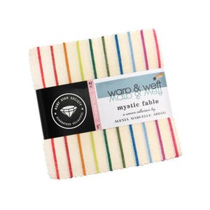 May include: A stack of 42 fabric squares from the "Mystic Fable" collection by Alexia Marcelle Abegg. The fabric features vertical stripes in various colors, including red, orange, green, blue, and pink, on a cream background. The squares are 5 inches.