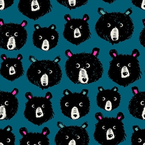 May include: A teal blue background with a repeating pattern of black bear faces. The bears have white noses and pink accents around their eyes.