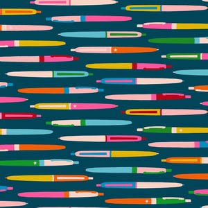 May include: A pattern of colorful pens in various shades of pink, orange, yellow, green, and blue. The pens are arranged randomly against a dark teal background. Some pens have a star design.
