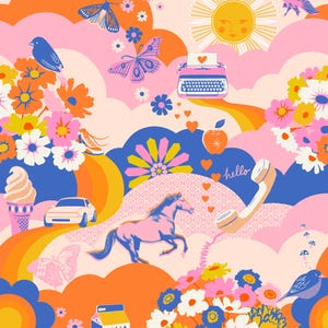 May include: A vibrant, whimsical illustration featuring a pink typewriter with a heart, butterflies, flowers, a sun with a face, a horse, and a rainbow. The design includes the word "hello" and an ice cream cone. The color palette is dominated by pink, orange, blue, and yellow.