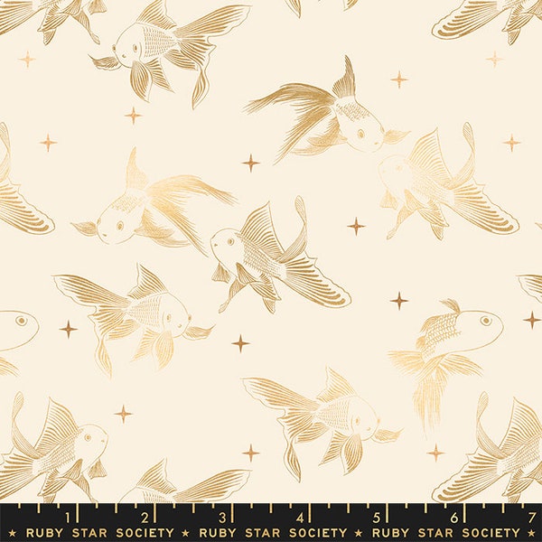 Curio Goldfish in Natural Metallic by Melody Miller for Ruby Star RS0061 11M - Fabric Sold by the Half Yard, Cut Continuously