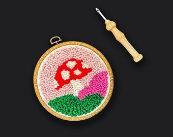 Ruby Star Society Punch Needle Kit Mushroom - Includes Embroidery Hoop, Punch Needle Tool, Yarn, Cloth, Snippers, & Pattern
