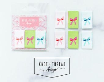 Bows Sew In Labels from Knot & Thread Design - Contains 6 Woven Labels (2 of each color) for Bags, Quilts, or any Handmade Project