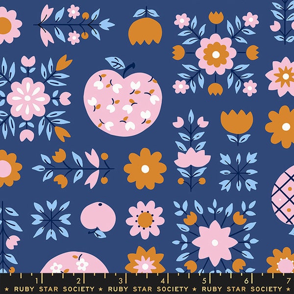 In Stock!  Lil Calico Apples in Bluebell by Kimberly Kight for Ruby Star RS3054 13 - Sold by Half Yard Increments, Cut Continuously