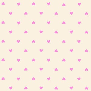 May include: A repeating pattern of small, pink hearts evenly spaced on a cream-colored background. The hearts are solid and simple in design, creating a cheerful and romantic aesthetic. This design is suitable for various applications, such as fabric or wallpaper.