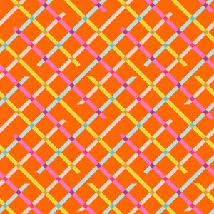 May include: An orange background with a repeating pattern of diagonal lines in various colors, including pink, light blue, yellow, and white. The lines intersect to create a grid-like design, offering a vibrant and modern aesthetic.
