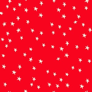 May include: A red background with a pattern of scattered, hand-drawn white stars. The stars vary slightly in size and orientation, creating a playful and whimsical design. This pattern is suitable for various applications.