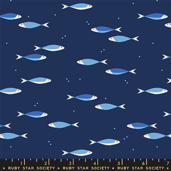 In Stock! Ruby Star Society Water School Day Fish in Navy Blue  RS5127 13 - Fabric Priced by the Half Yard, Cut in One Continuous Piece