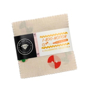 May include: A stack of 42 square fabric pieces measuring 2.5 inches, wrapped in a black and white paper band. The band features the text 1-800-NOTION, Ruby Star Society, and a graphic of a seam ripper. The fabric has a cream background with red buttons.
