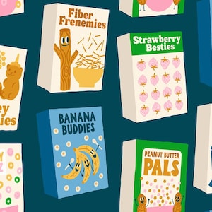 May include: A pattern of colorful cereal boxes with playful names like "Honey Homies," "Strawberry Besties," and "Cookie Cousins." Each box features cartoon illustrations and bold text on a teal background, creating a fun and whimsical design.