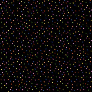 May include: Black background covered in a pattern of colorful stars. The stars are in shades of pink, orange, yellow, green, and blue. The stars are randomly scattered across the surface.