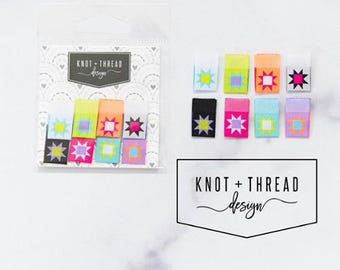 Sawtooth Star Sew In Labels from Knot & Thread Design - Contains 8 Woven Labels (1 of each color) for Bags, Quilts, or any Handmade Project
