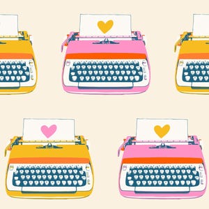 May include: A repeating pattern of vintage typewriters in pink and yellow, each with a heart-shaped design on the paper. The typewriters have white keys and are set against a cream-colored background.