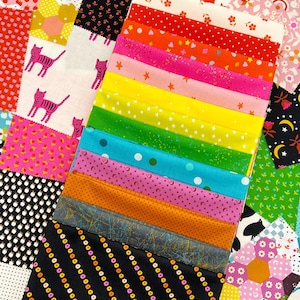 May include: A colorful assortment of fabric swatches with various patterns. The fabrics include stripes, polka dots, floral designs, and a repeating tiger print. The color palette is vibrant, featuring shades of pink, yellow, orange, and blue.