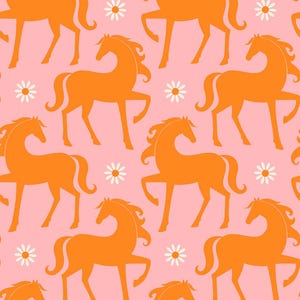 May include: A seamless pattern featuring orange horse silhouettes on a pink background. White daisy flowers are scattered throughout the design.